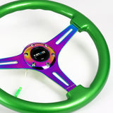 NRG 13.75" 350mm 6-Bolt Hole Green Classic Wood Grain Grip Aluminum Finished 3-Spoke Steering Wheel ST-015MC-GN -Neo Chrome Spoke