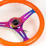 NRG 13.75" 350mm 6-Bolt Hole Orange Classic Wood Grain Grip Aluminum Finished 3-Spoke Steering Wheel ST-015MC-NOR -Neo Chrome Spoke