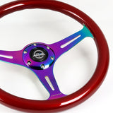 NRG 13.75" 350mm 6-Bolt Hole Red Classic Wood Grain Grip Aluminum Finished 3-Spoke Steering Wheel ST-015MC-RD -Neo Chrome Spoke