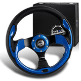 NRG 13" 320mm 6-Bolt Hole Reinforced Black Leather Grip With Aluminum Finished 3-Spoke Black Center Racing Steering Wheel RST-001BK -Blue Trim