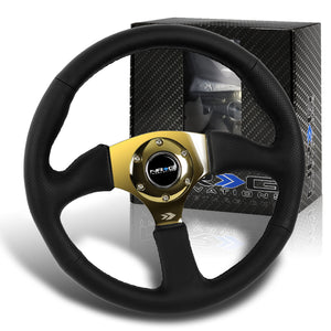 NRG 13.75" 350mm 6-Bolt Hole Black Leather Grip With Aluminum Finished 3-Spoke 3 Inch Deep Dish Steering Wheel RST-023GD-R -Gold Spoke