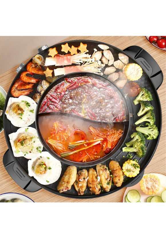 Hot Pot with Grill, 1800W 2 in 1 Electric Hot Pot Grill Cooker with Dual Temperature Control for 1-8 People, Multi-function Smokeless Shabu Korean BBQ Grill for Simmer, Boil, Fry, Roast