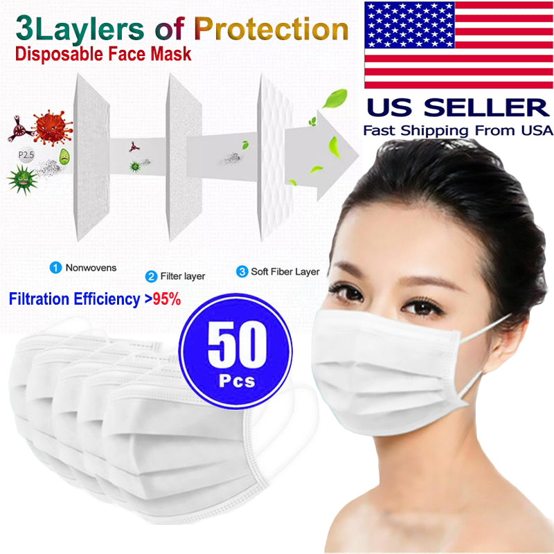 50 PCS Face Mask Non Medical Surgical Disposable 3Ply Earloop Mouth Co ...