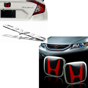 3 PCS Set Red/Black JDM H Front & Rear Emblems with Civic Rear Chrome Emblem For 06-11 CIVIC SEDAN DX EX LX SI