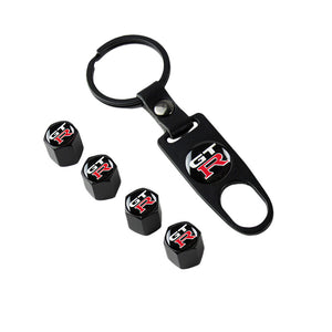 GTR GT-R Car Wheel Tire Valves Dust Stem Air Caps Keychain Emblem KEY FOB Black Set - US SELLER