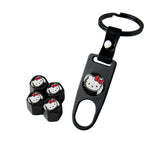 Hello Kitty Car Wheel Tire Valves Dust Stem Air Caps Keychain Emblem KEY FOB Black Set - US SELLER