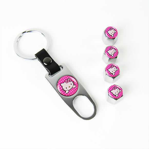 Hello Kitty Silver Car Wheel Tire Valves Dust Stem Air Caps Keychain Emblem KEY FOB Set - US SELLER