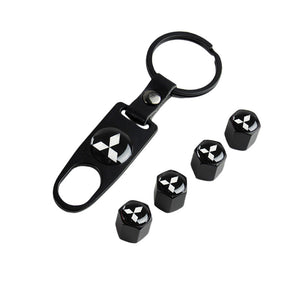 Black MITSUBISHI Universal Car SUV Wheel Tire Valves Dust Stem Air Caps Keychain Emblem Set