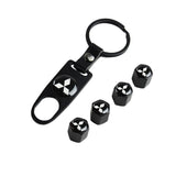 Black MITSUBISHI Universal Car SUV Wheel Tire Valves Dust Stem Air Caps Keychain Emblem Set