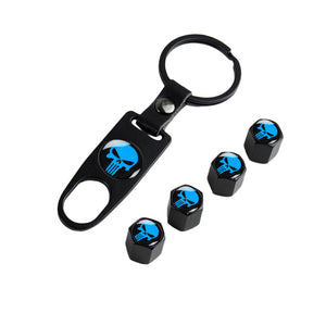 New Punisher Skull Car Wheel Tire Valves Dust Stem Air Caps Keychain Emblem Set