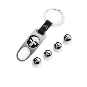 The Punisher Skull Car Wheel Tire Valves Dust Stem Air Caps Keychain Emblem Silver Set