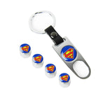 Superman Logo Universal Car SUV Wheel Tire Valves Dust Stem Air Caps Keychain Emblem Silver Set