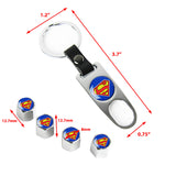 Superman Logo Universal Car SUV Wheel Tire Valves Dust Stem Air Caps Keychain Emblem Silver Set