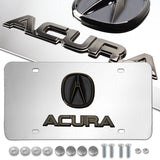 ACURA Dual 3D Black Pearl Logo Front Stainless Steel License Plate Frame 1pc