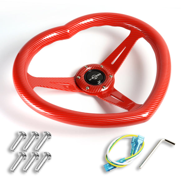 Carbon Fiber Look Red Heart Shaped Racing Steering Wheel Set Universal Car ABS JDM