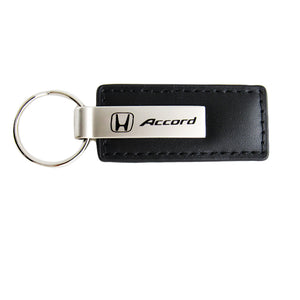 For Honda ACCORD Black Leather Chrome Key Fob Rectangle Keychain Keyring Lanyard