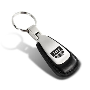 JEEP Logo Tear Drop Authentic Black Leather Key Fob Keyring Keychain Tag